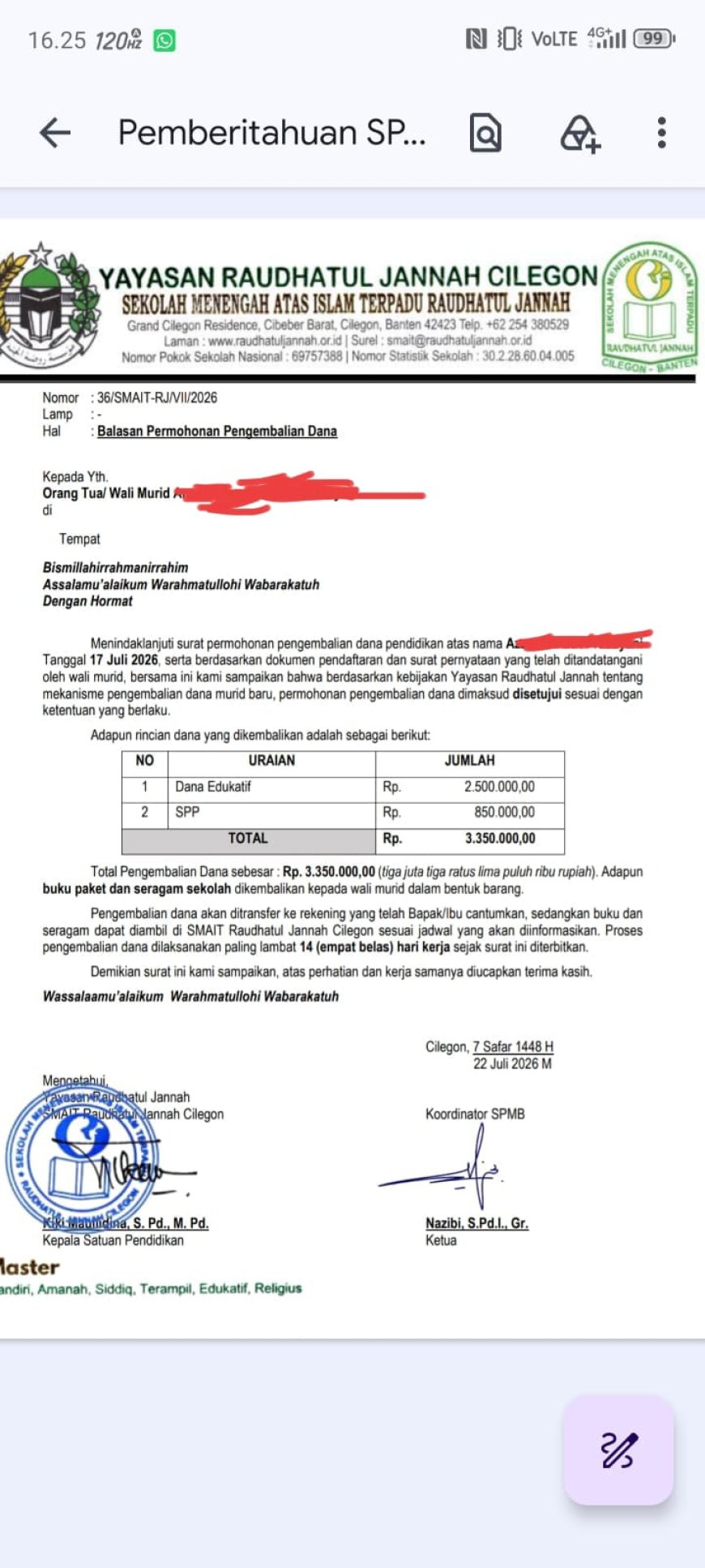 Tuntut Rp13,8 Juta, Wali Murid RJ Cilegon Cuma Dikembalikan Rp3,3 Juta