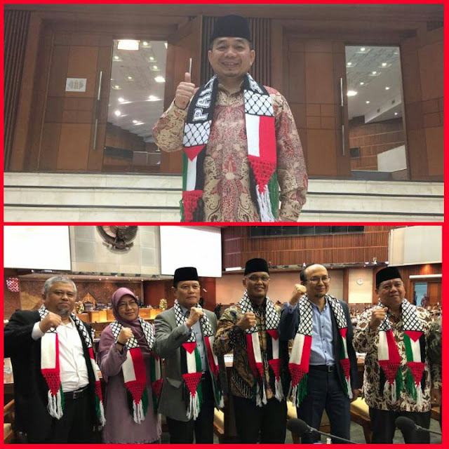 Syal Indonesia-Palestina Melingkar di Leher Anggota Fraksi PKS DPR RI.  Ketua Fraksi PKS: Kami Cinta Palestina!