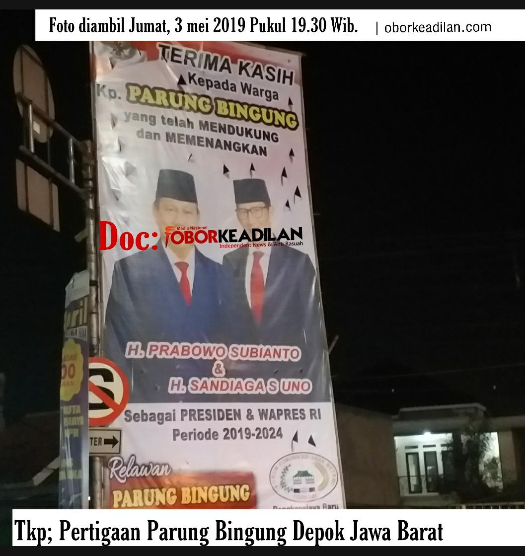Penampakan Baliho Gede Bertuliskan Presiden RI Prabowo-Sandi Terpampang Di Kota Depok 