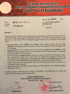 SURAT REKOMENDASI DPP PDI-PERJUANGAN SEKJEN  PUSAT BEREDAR MENJADI POLEMIK DALAM PENCALONAN GUBRI
