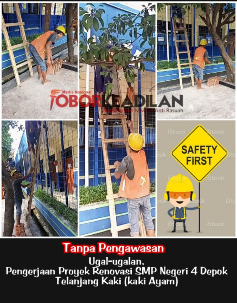 Kontraktor Proyek SMPN 4 Depok Kangkangi Undang-undang, Buruh Bangunan Bertelanjang Kaki