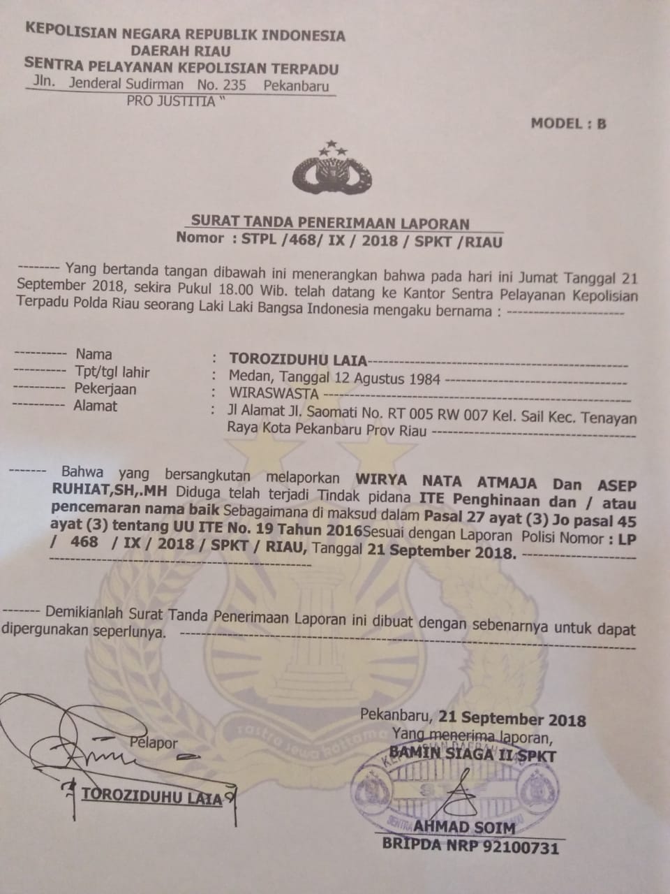 SPI Layangkan Somasi Kepada 2 Kuasa Hukum Bupati Bengkalis