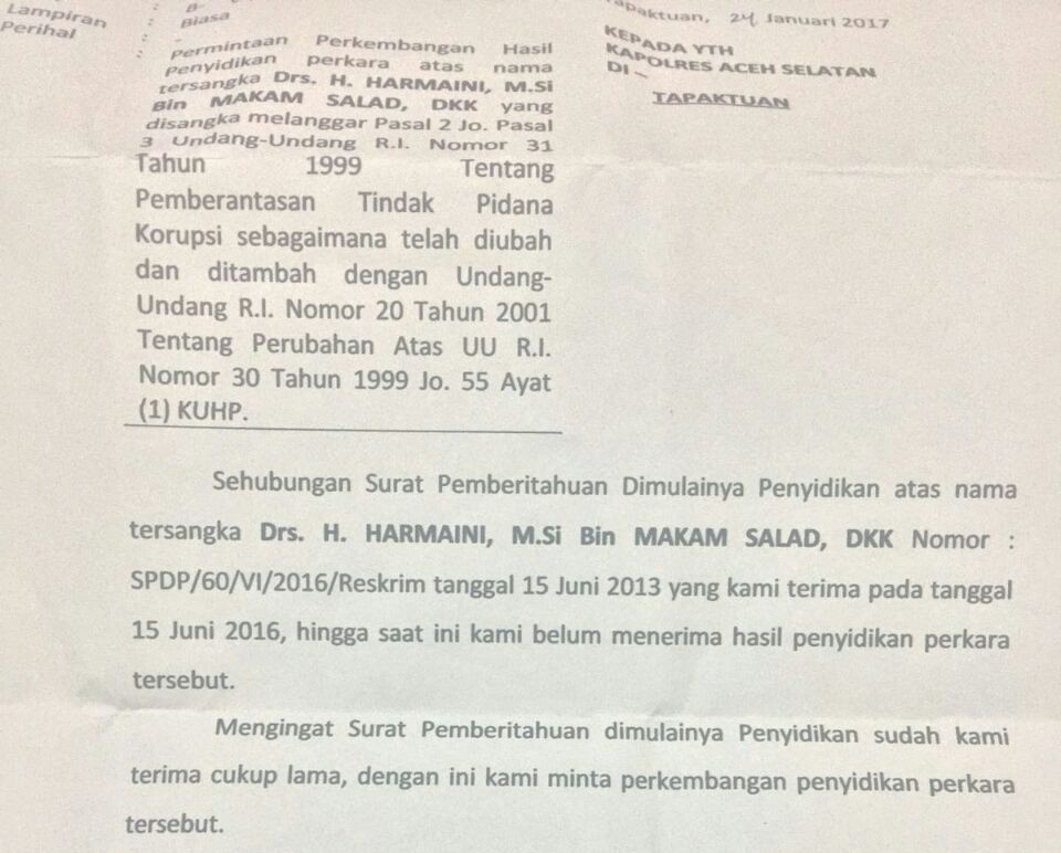 Tarik Ulur Kasus SPDP Mantan Sekda Aceh Selatan
