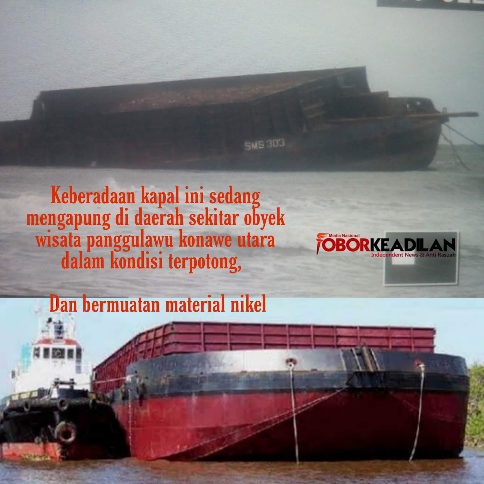 Tebar Racun, Kapal Tongkang Bermuatan Nikel Terdampar di Laut Desa Tanjung Laimeo-Sultra
