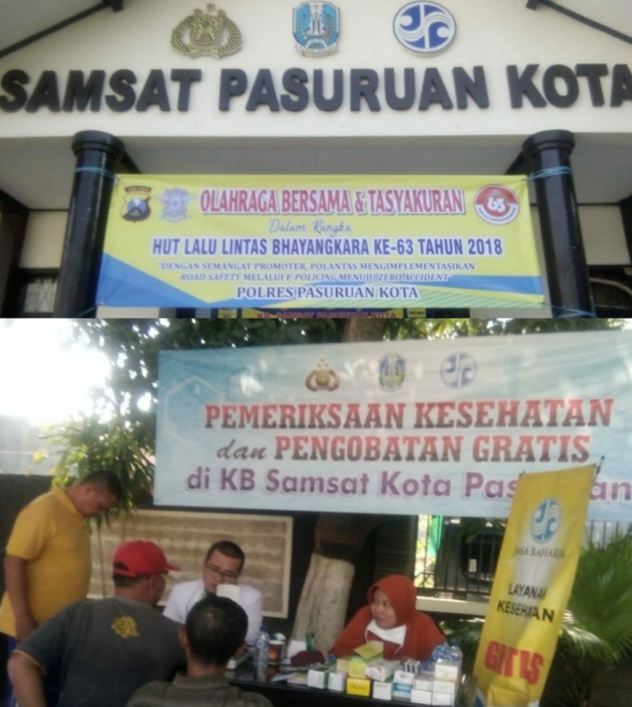 DALAM RANGKA HUT LALU LINTAS BHAYANGKARA KE 63 TAHUN 2018, SAMSAT KOTA PASURUAN GELAR PENGOBATAN GRATIS