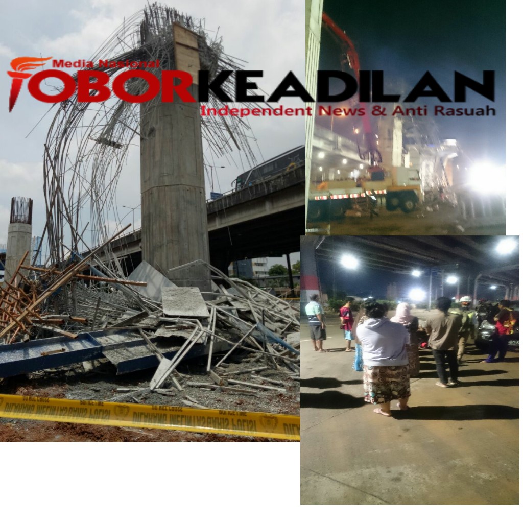 Tiang Grider Proyek Tol Becak Kayu di Jalan DI . Panjaitan Jakarta Timur Rubuh
