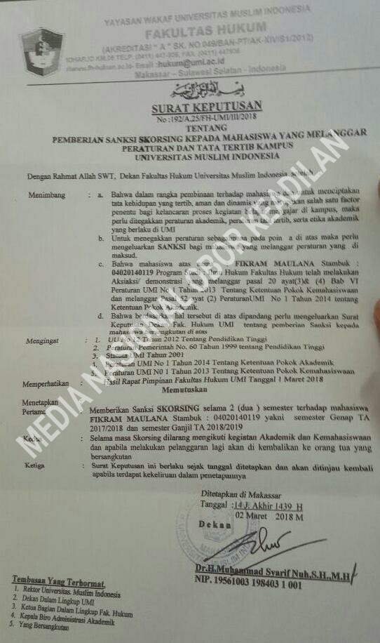DEMOKRASI TERBUNGKAM : MAHASISWA UMI MAKASSAR DI SKORSING