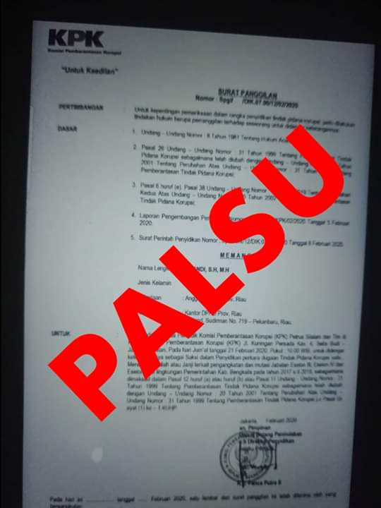 KPK Berikan Klarifikasi, Terkait Surat Panggilan Terhadap Irwandi Adalah Palsu