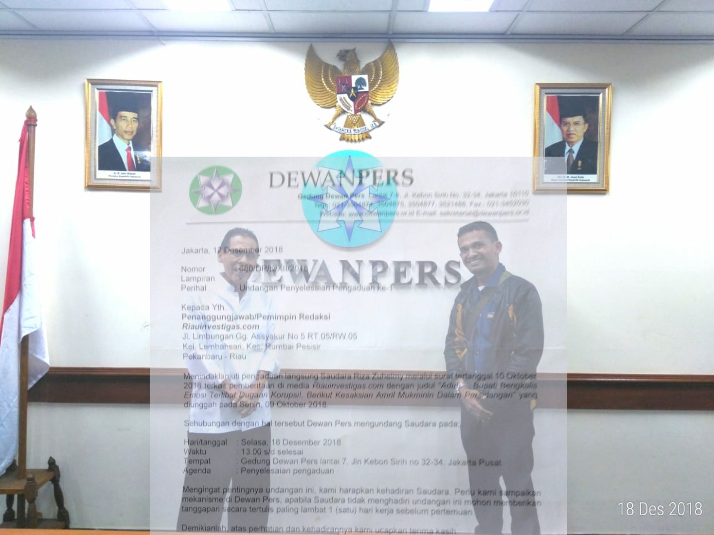 Dewan Pers Panggil Pimpinan Media di Riau Terkait Berita Sidang Bupati Bengkalis