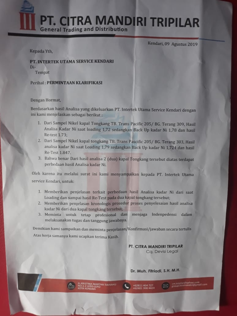 PT. Intertek Utama Servis Terancam Dilaporkan ke Polda Sultra, Ini Penyebabnya