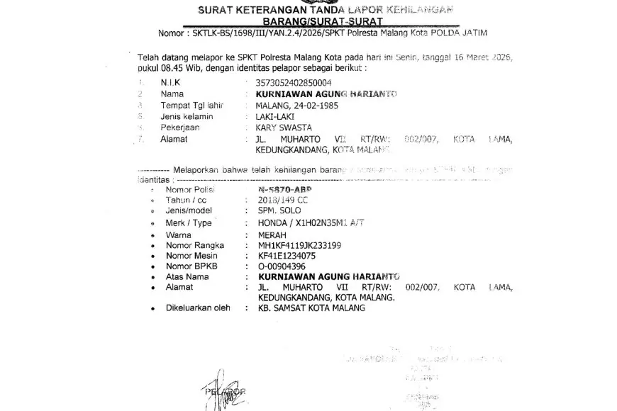 Warga Malang Kehilangan STNK, Polda Jawa Timur Ingatkan Pentingnya Keamanan Dokumen Kendaraan